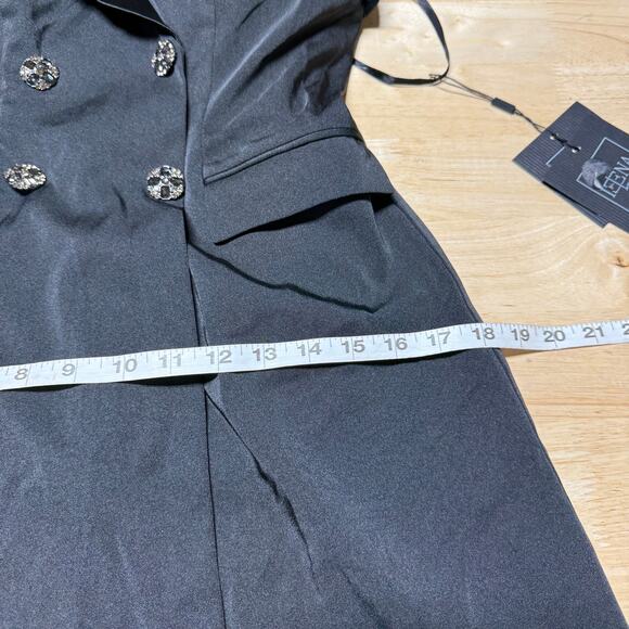Mac Duggal NWT Black One Sleeve Tuxedo Mini Dress Size 2 Faux Button Satin Trim - Picture 11 of 12